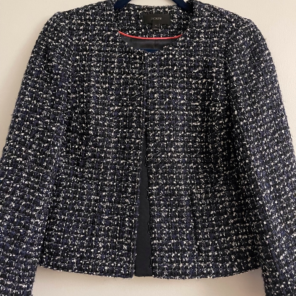 Boucle cropped jacket. Black and dark blue with shots silver thread